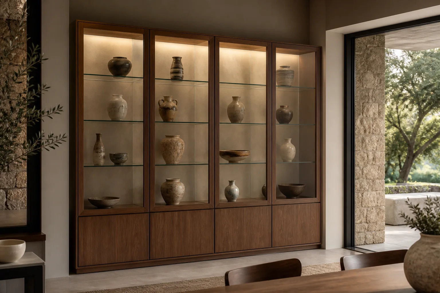 Detalle orientativo de materiales para vitrinas a medida para salón y comedor